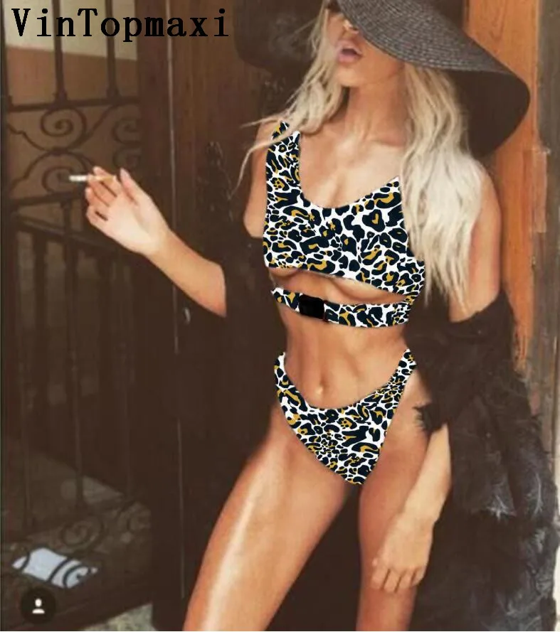 2018 New Bikini Leopard Swimsuit Women Crop Top Swimwear Buckle Brazilian Set Bandeau Beach Wear knotted Swim Suit |
