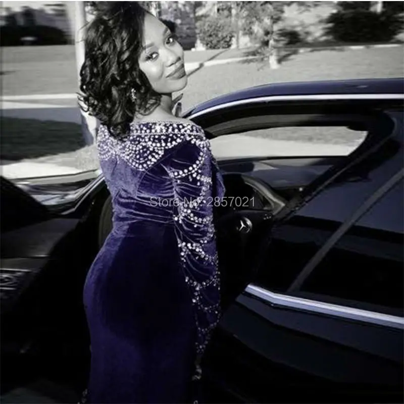 Настоящее Фотография Luxury Royal Blue Velvet Вечернее Платье На Заказ Русалка С Длинным Рукавом Пром Платья Формальные Хрустальные Бусины Дубай Вечернее Платье
