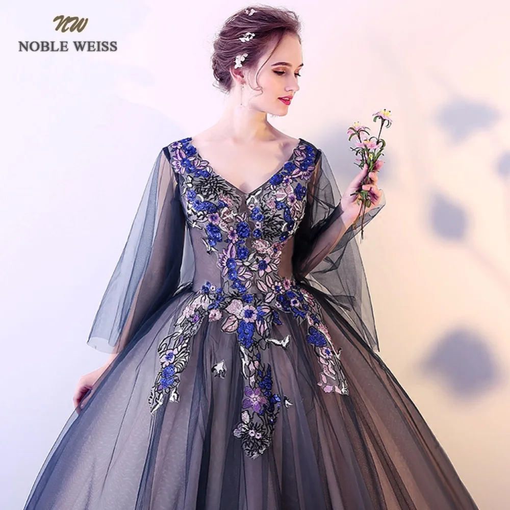 NOBLE WEISS Ball Gown Quinceanera Dresses With Appliques Black Tulle Formal V-Neck Prom Dress | Свадьбы и торжества