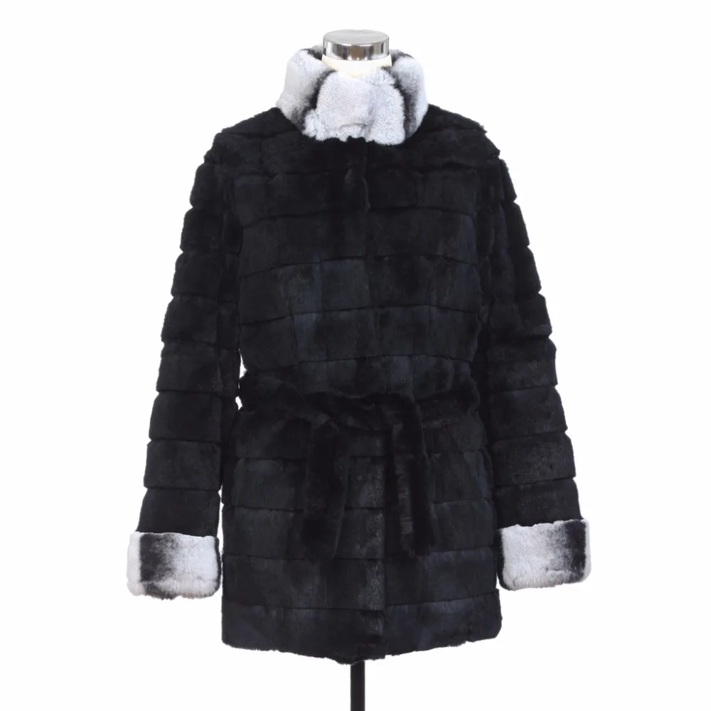 

ZY89004 Элегантный женский Настоящий мех кролика с закрытыми пуговицами воротник Мандарин пояс теплый мех однотонная зимняя куртка