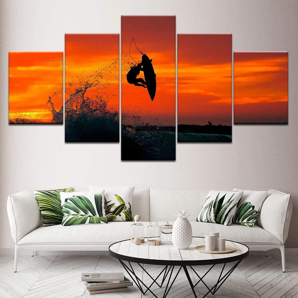 Морской серфинг С закатом неба 5 шт. обои Художественная печать на холсте
