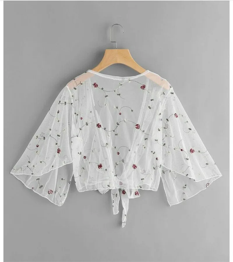 

2019 Women Long Sleeve Embroidery Flowers Bikini Cover Up Tops Cardigan Beach Coat Outwear Mesh See Through V-neck Lace-up Coats