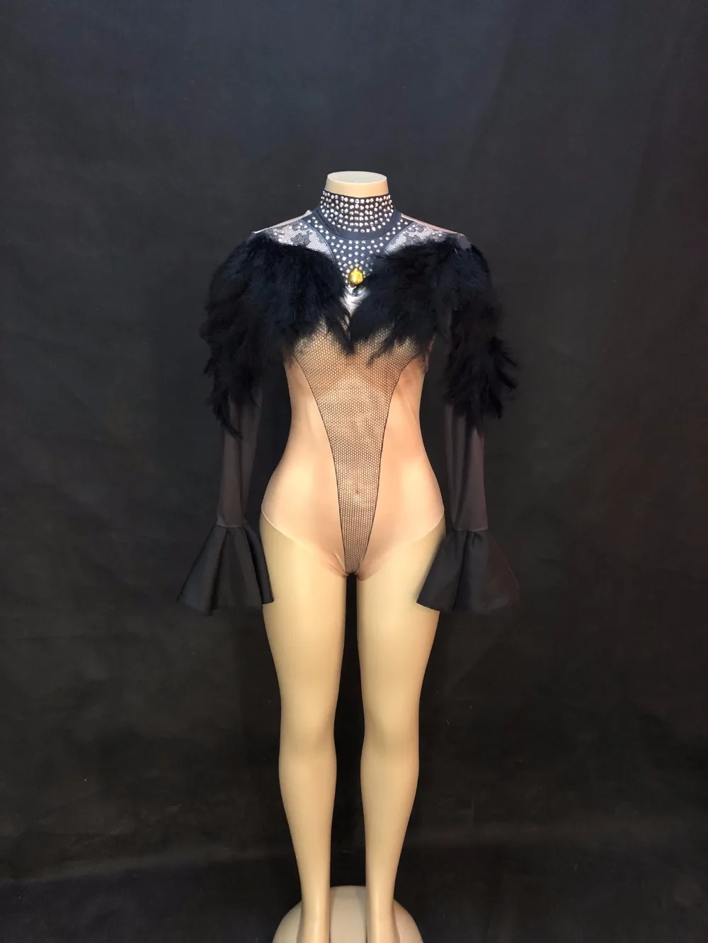 Women Sexy Stage Bodysuit Black Feather Sparkling Crystals Jumpsuit Nightclub Birthday Party Dancer Singer Stage Wear Costumes