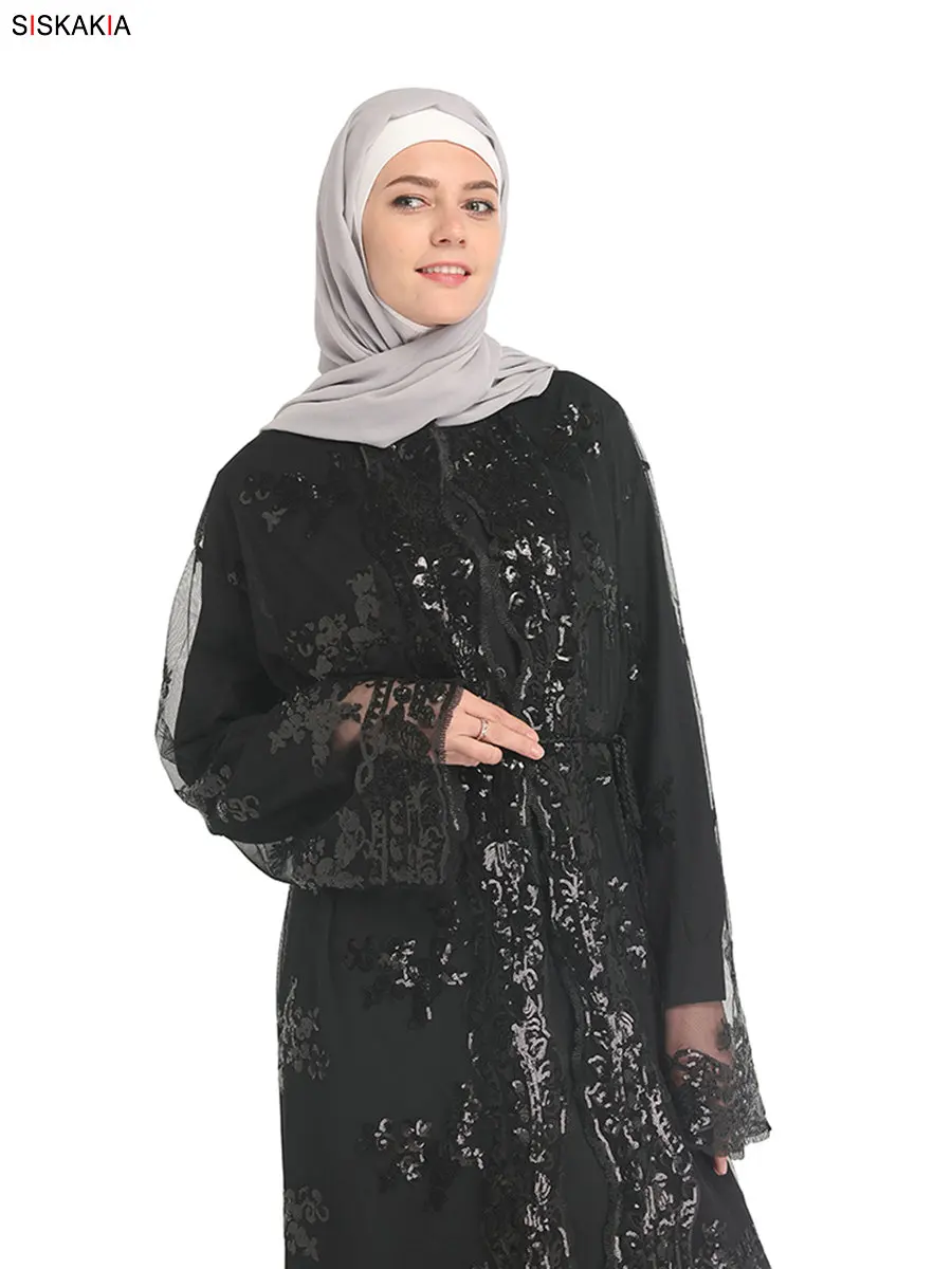Siskakia Дубай элегантный кардиган Jubah арабский турецкий женский абайя верхняя одежда модный тонкий кружевной сетки Hox Fix Роскошные Блестки