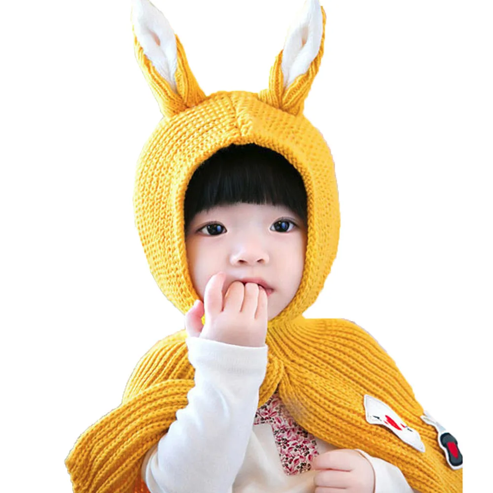 Baby Pompon Winter Hat Cute Rabbit Ears Kids Hats Keep Warm Set Scarf Shawl cap | Детская одежда и обувь
