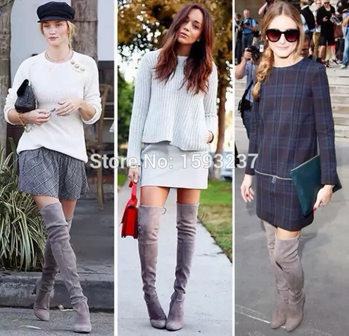 Более-сапоги черные коричневый серый женщин замши Strech сапоги на высоких каблуках