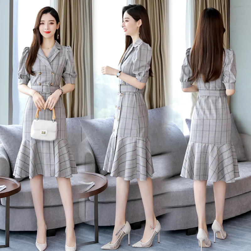 

New arrival lady slim plaid dress summer elegant female good quality package hip bubble sleeves mermaid dress