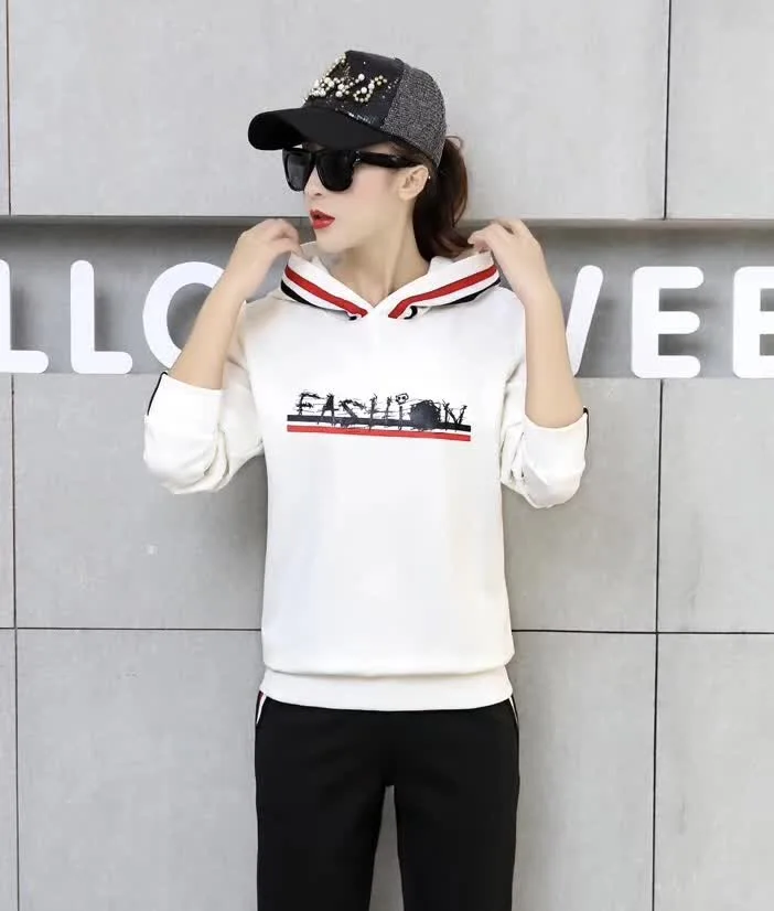Women Autumn Sportswear New Fashion Two Pieces Set Striped Hooded Tops+Long Pants Leisure cotton sets