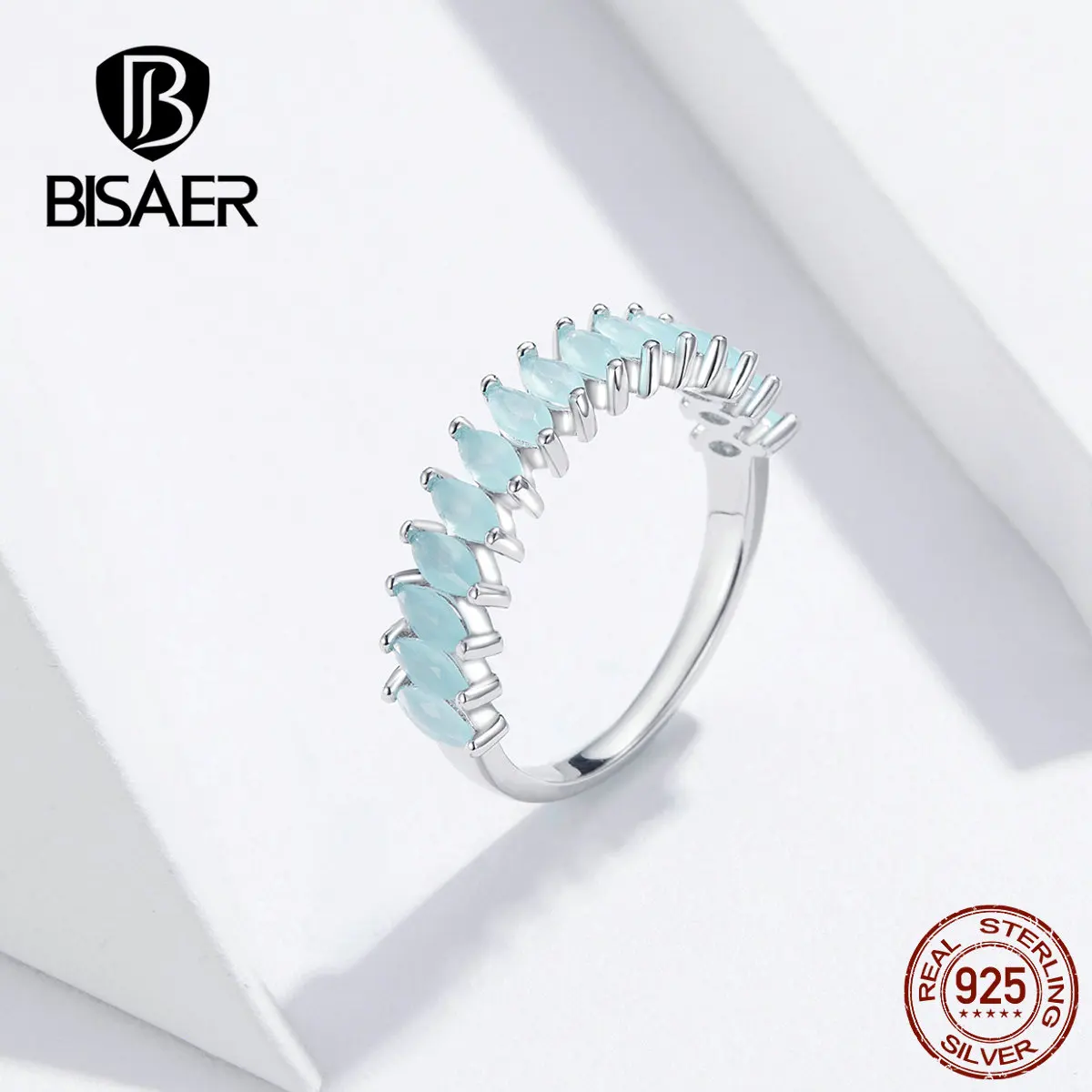 BISAER,, уникальные, 925 пробы, серебряные, прозрачные, голубые, стеклянные, каменные кольца для женщин, свадебные, вечерние, роскошные ювелирные изделия, подарки GXR539