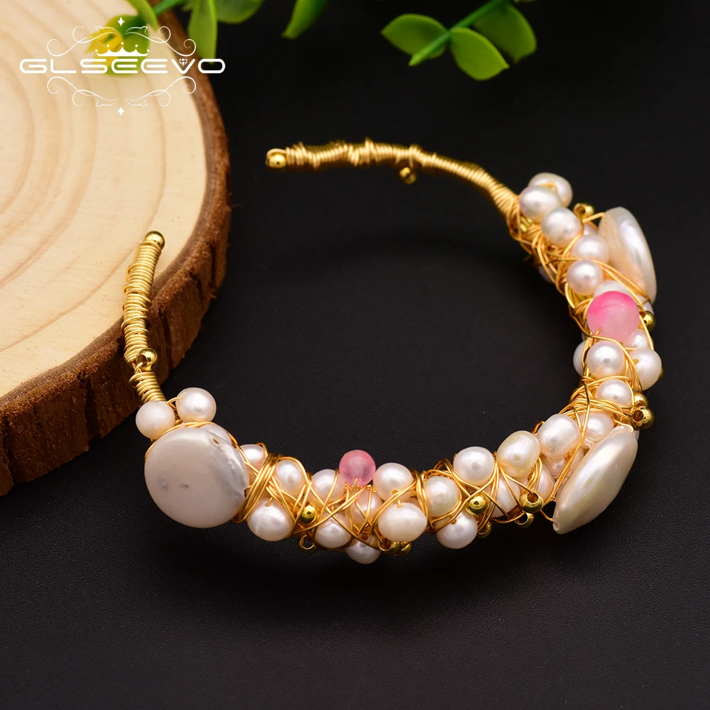 

GLSEEVO Natural Freshwater Baroque Pearl Bracelet Woman Adjustable Bracelet Handmade Wedding Party Boutique Jewelry GB0060