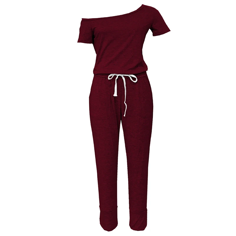 

2019 Hot Droppshiping Women Summer Off Shoulder Jumpsuit Outfits Short Sleeve Lace-up Rompers with Pockets dg88