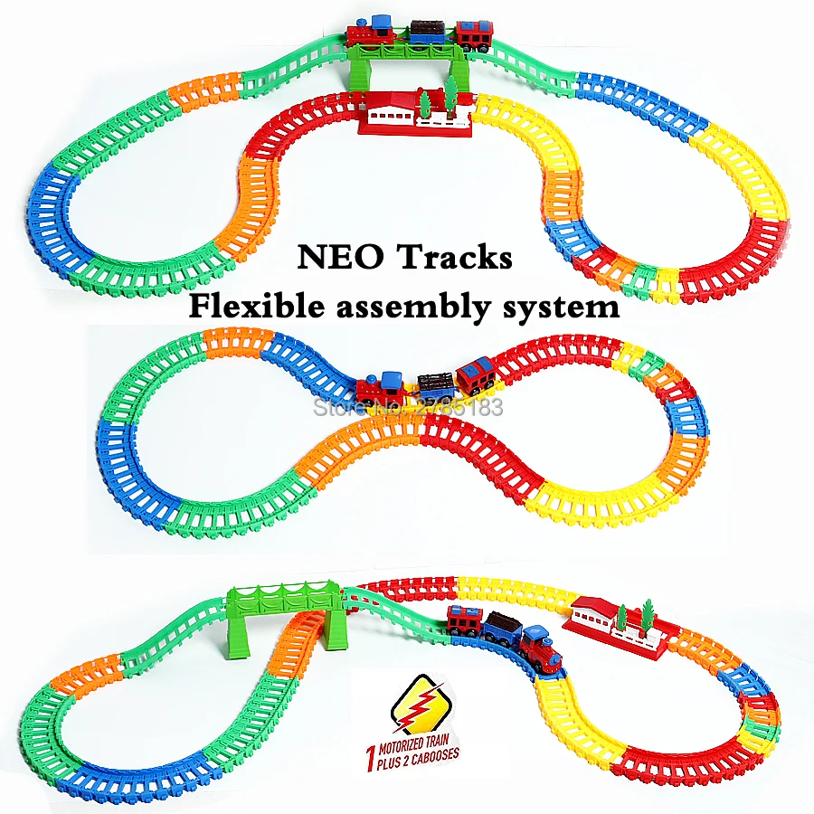 

Поезд Neo Tracks, гибкая сборка, цветная система волшебных дорожек с аксессуарами, 1 моторизованный поезд и 2 кабошона