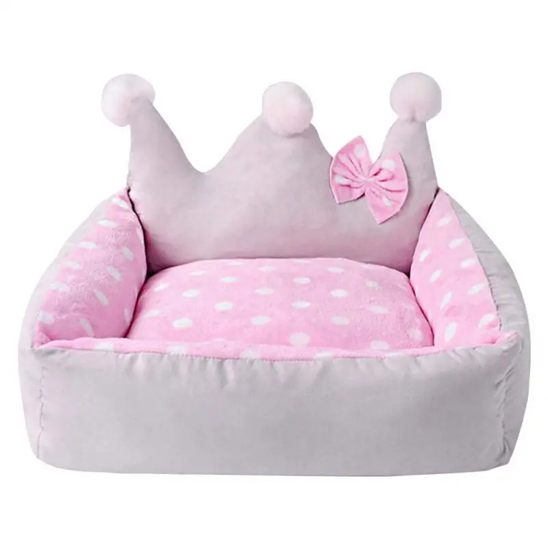 Pink Кровать для собаки в форме короны с бантом зимнее гнездо для собаки camas para perro Милая модная плюшевая кровать для маленьких домашних животных 50*45*25 см M 65*55*28 см - Цвет: Pink