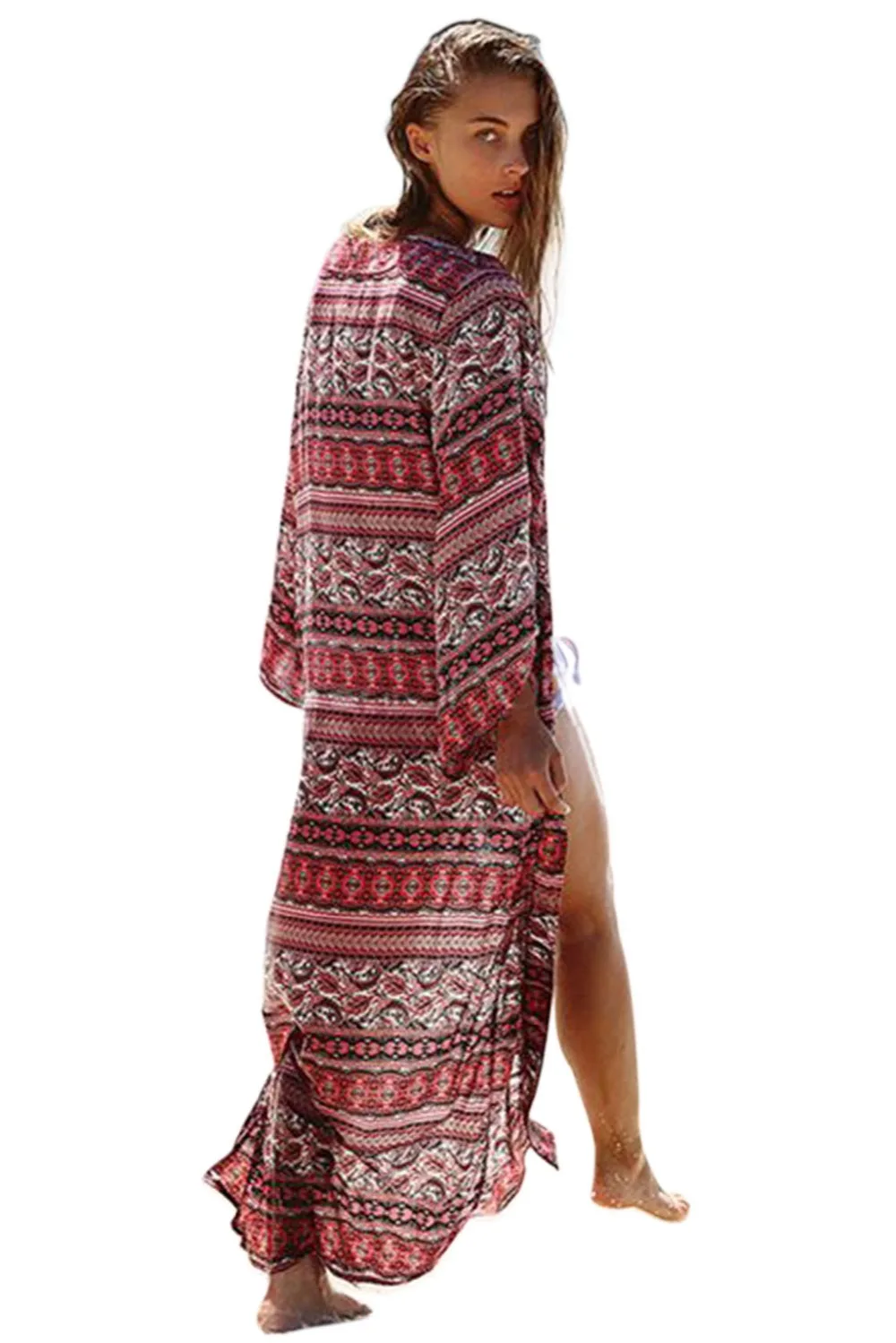 Boho пляжная одежда с принтом длинным рукавом открытой передней бикини кардиган