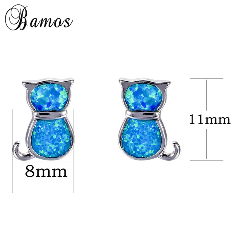 Серьги гвоздики женские серебряного цвета с опалом и котом|cute cat stud earrings|cat