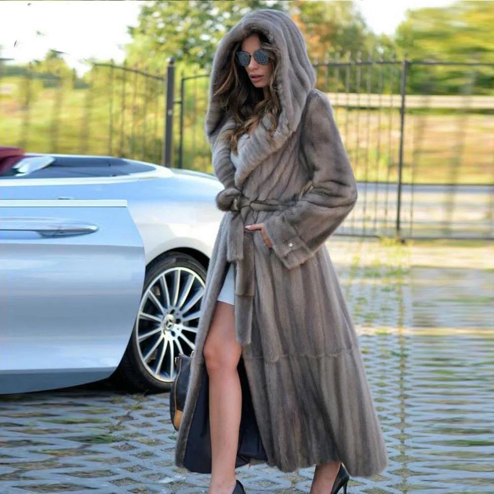 BFFUR 130cm Long Real Mink Fur Coat With Hood 2022 New Trendy Natural Mink Fur Overcoats Luxury Woman Fur Coat Natural Outwear