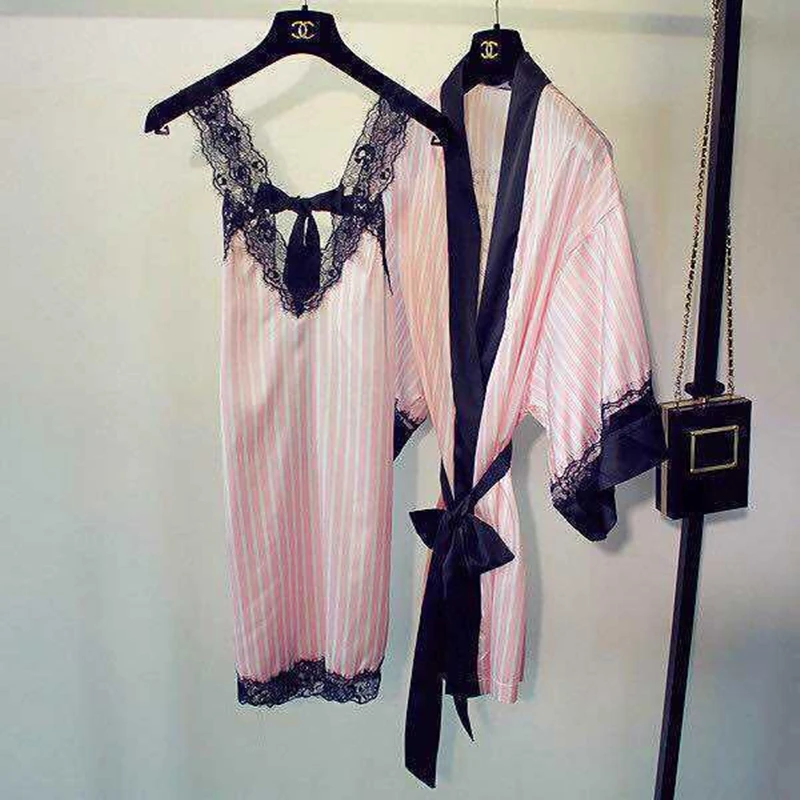 Розовая шелковая ночная рубашка в полоску комплекты одежды | Женская одежда