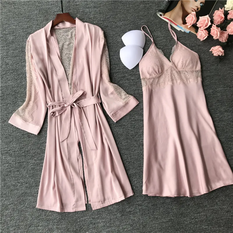 Новое поступление женская шелковая атласная ночная рубашка из 2 предметов с