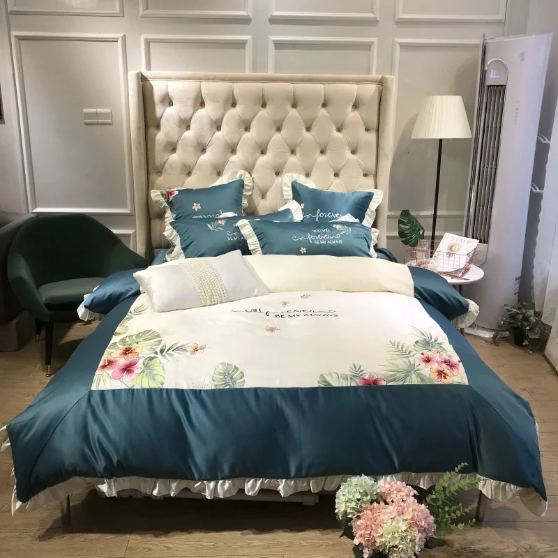 

Blackish Green White Pink Blue Luxury Flowers Embroidery Silk Cotton Bedding Set Ruffle Duvet Cover Bed sheet/Linen Pillowcases