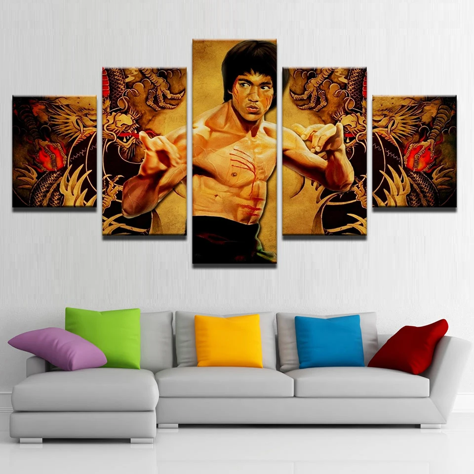 Modern Canvas HD Printed Home Decor 5 Panel Kung Fu Superstar Bruce Lee Poster Framework For Room Wall Art Painting Pictures | Дом и сад