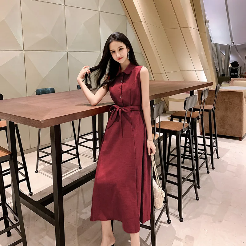 Женское платье-рубашка из хлопка и льна повседневное однотонное длинное платье
