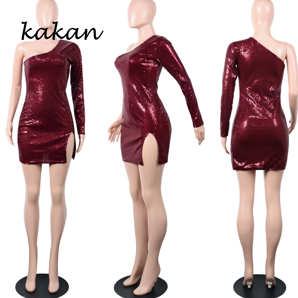 Женское платье с блестками Kakan асимметричное на одно плечо разрезом сбоку и