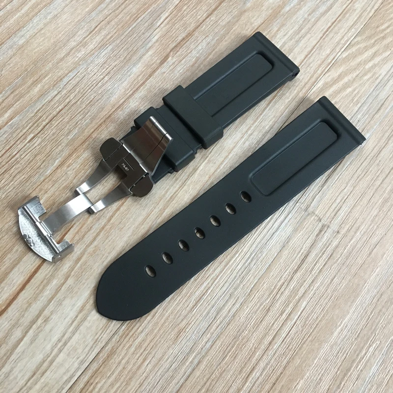 Quality Vanilla 24mm 26mm Black Soft Nature Rubber Watchband With Butterfly buckle For PAM PAM441 111 359 Wacth Strap engraving