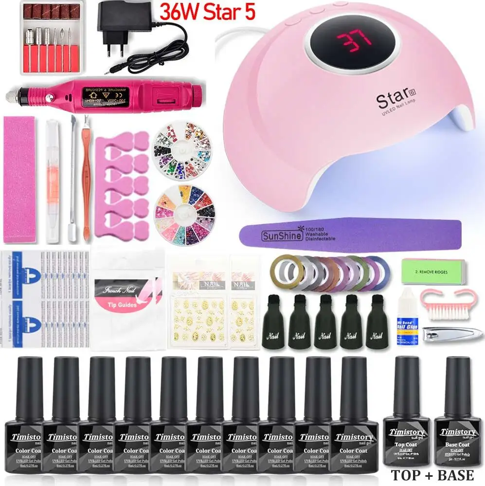 36W SET WIHT GEL Полный маникюрный набор с лампой для ногтей 36 Вт/54 Вт УФ-светодиодный светильник для маникюрных комплектов 10 шт. 8 мл УФ-набор гель-лаков для ногтей инструменты для маникюра - Цвет: 36W SET WIHT GEL