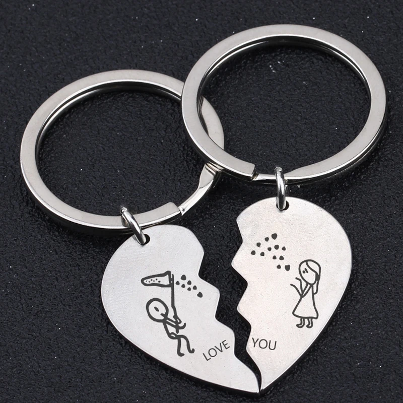 A Pair Fashion Heart Keychain Engraved Love You Stick Figure Lover For Couple Lovers Trendy Gift Exclusive Key Ring | Украшения и