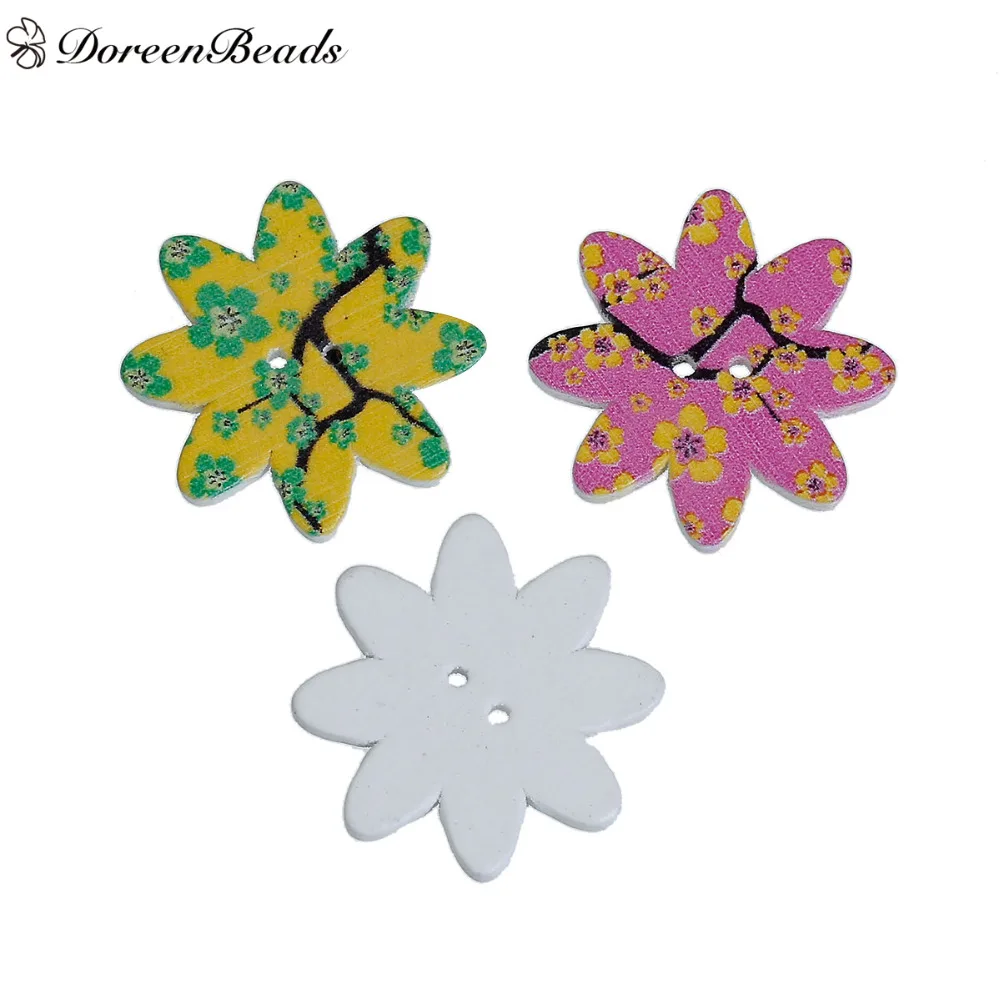 

DoreenBeads Wood Sewing Buttons Scrapbooking 2 Holes Flower At Random 25mm(1") x 25mm(1"), 10 PCs