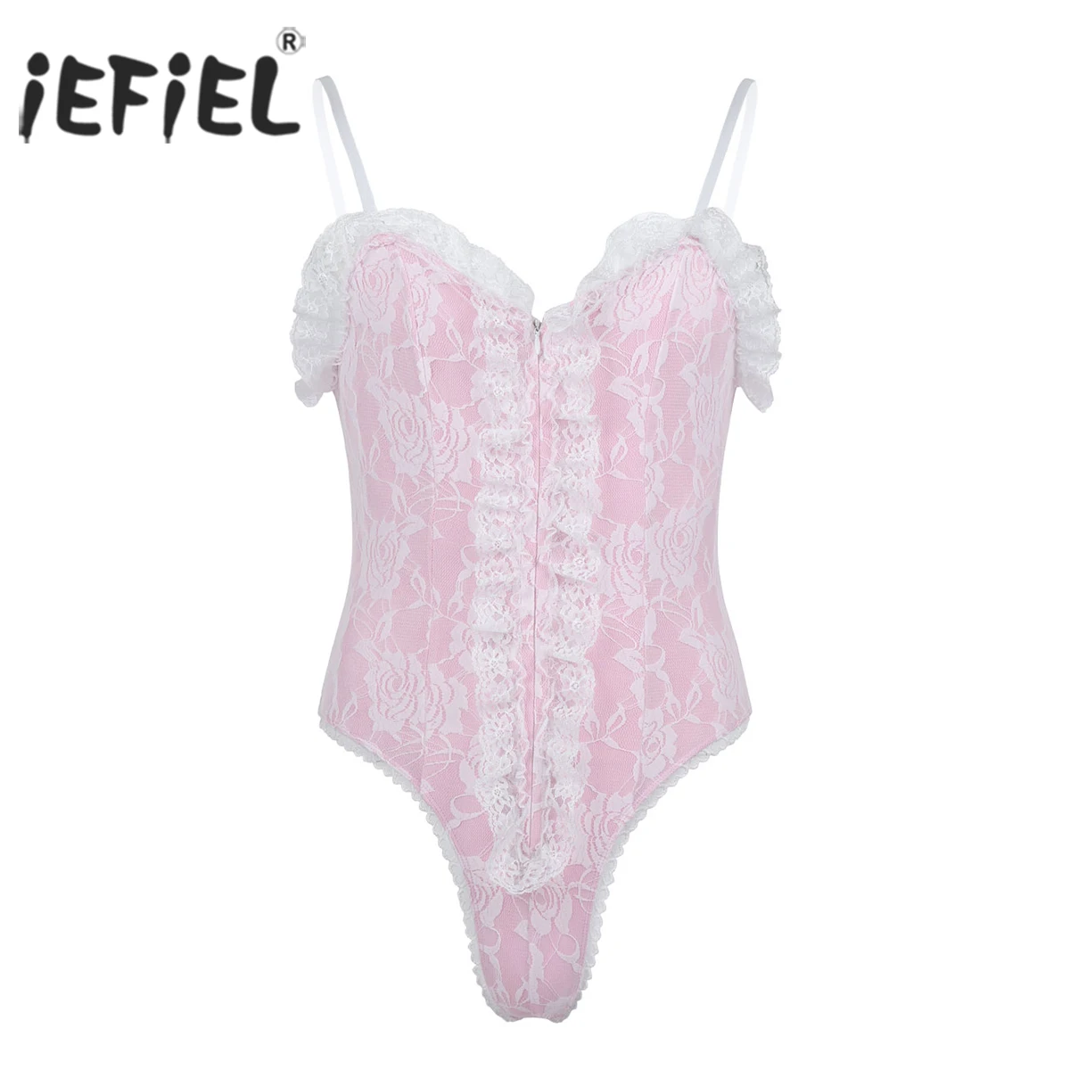 

iEFiEL Mens Gay Lingerie Body Suit Straps High Cut Teddies Ruffle Lace Bodysuit Catsuit Sexy Special Nightwear Sissy Clubwear