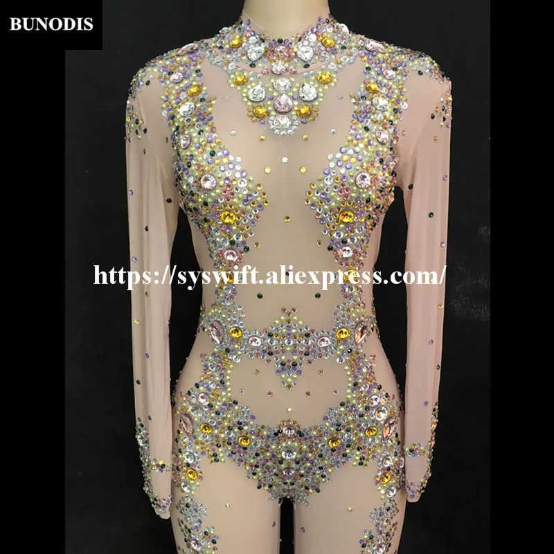 BU36601 Net Yarn Women Sexy Jumpsuit Blazing With Colour Sparkling Crystals Bodysuit Nightclub Party Stage Wear Bling Costumes | Женская