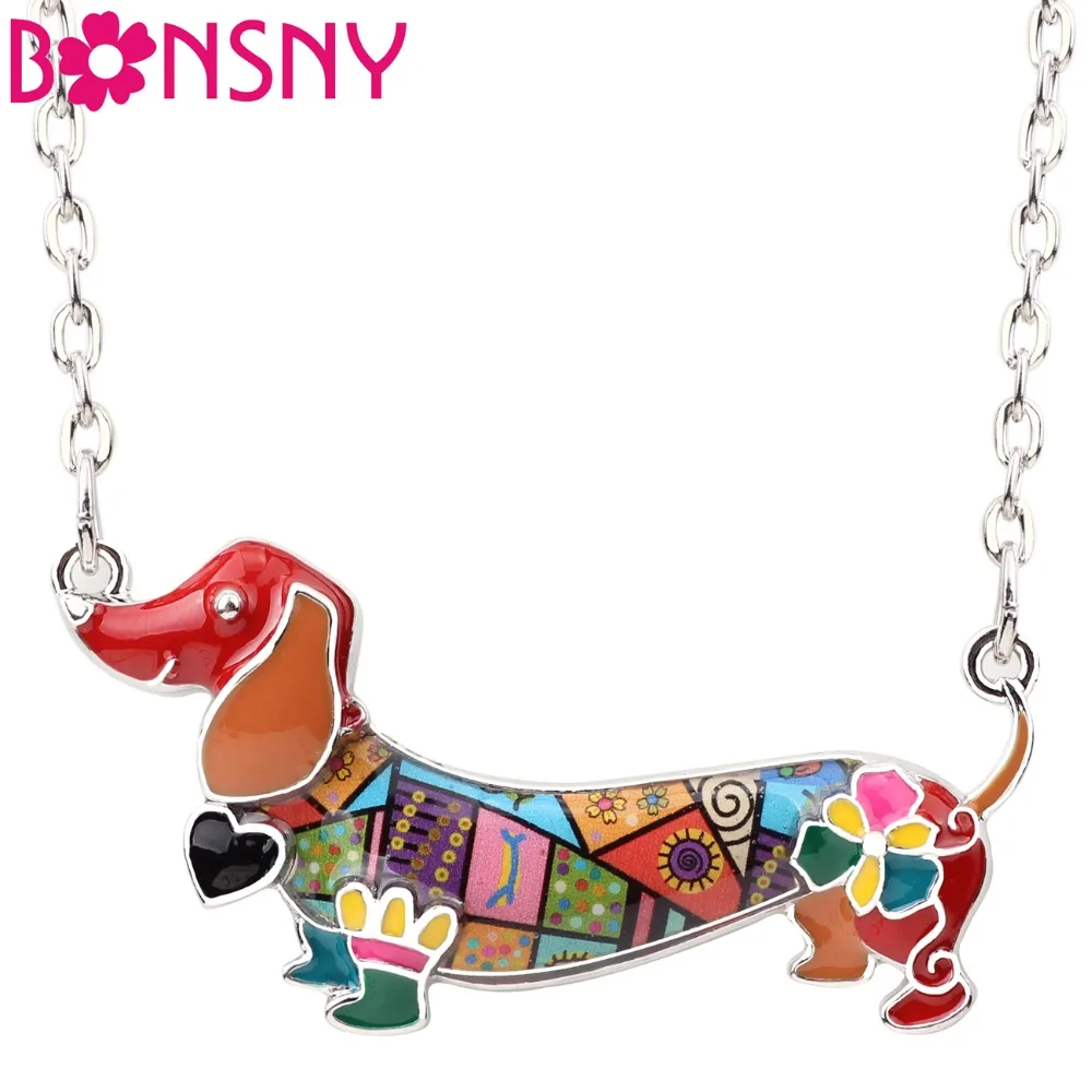 

Bonsny Statement Enamel Maxi Pet Dachshund Dog Choker Necklace Alloy Pendant Chain Collar 2018 New Animal Jewelry For Women Gift