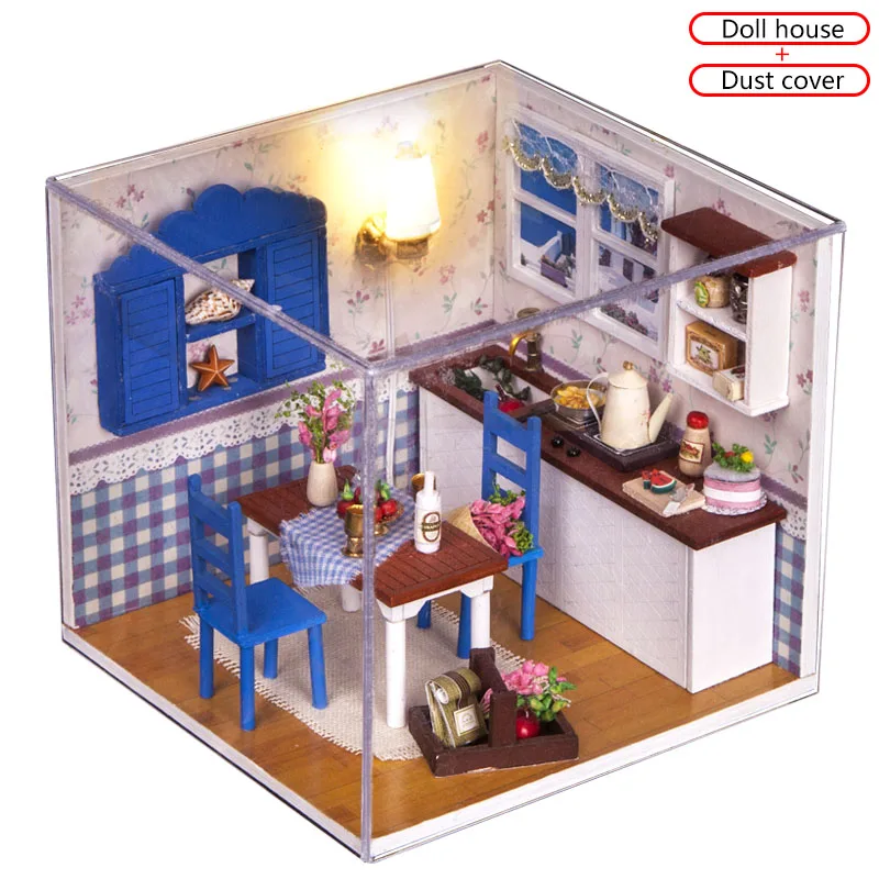 With Dust cover Теплые Кофе время кукольный дом мебель 3D миниатюры кукольный домик игрушки для детского рукоделия собирать деревянные Кофе дом коробка для детей - Цвет: With Dust cover