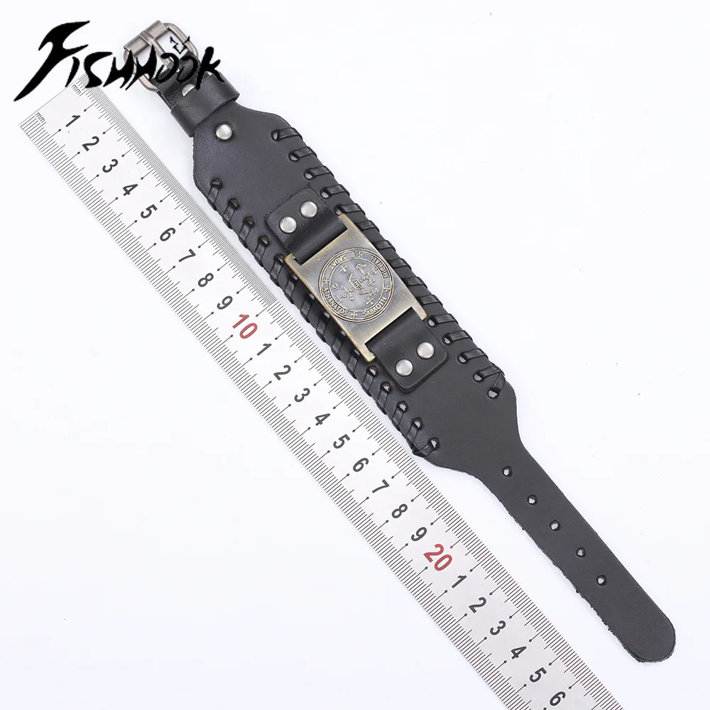 Широкий кожаный браслет Fishhook черного цвета славянский Коловрат антикварный