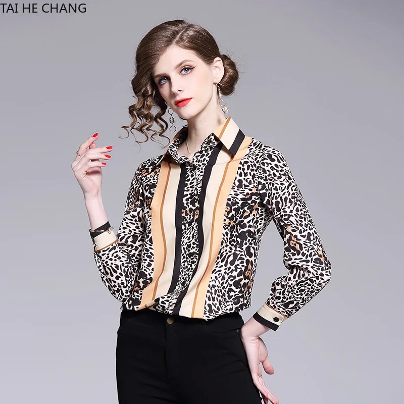 

2019 New Fashion High Quality Women Clothing High Street Long SleeveTops Blouses & Shirts Casual Print Vintage Slim Shirt