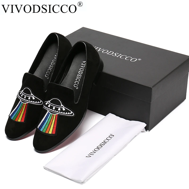 

VIVODSICCO Black Embroidery Colorful Luxury Men Velvet Loafers Men Wedding and Party Shoes Men's Flats Male Smoking Slippers