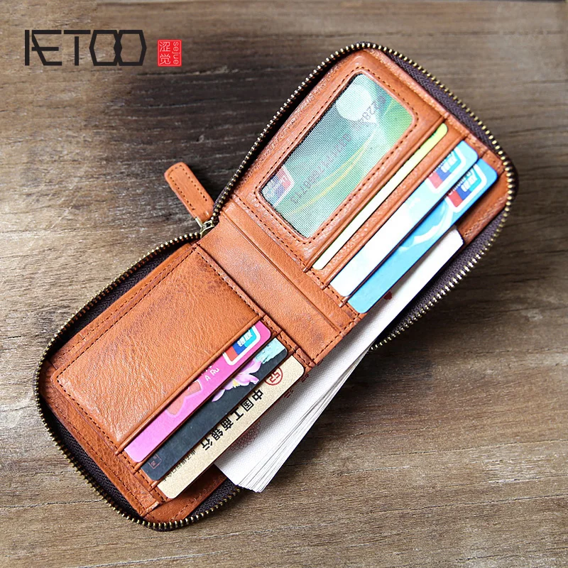 Мужской кожаный бумажник AETOO Ретро стиль на молнии короткий параграф первый слой