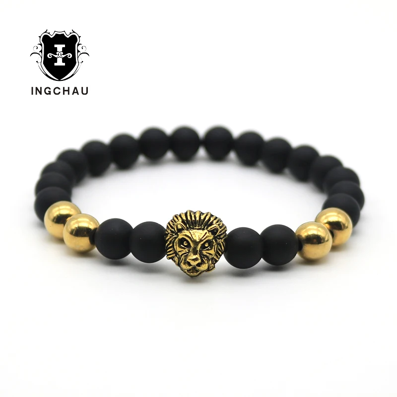 Мужской браслет под старину золотого цвета с головой льва черный матовый