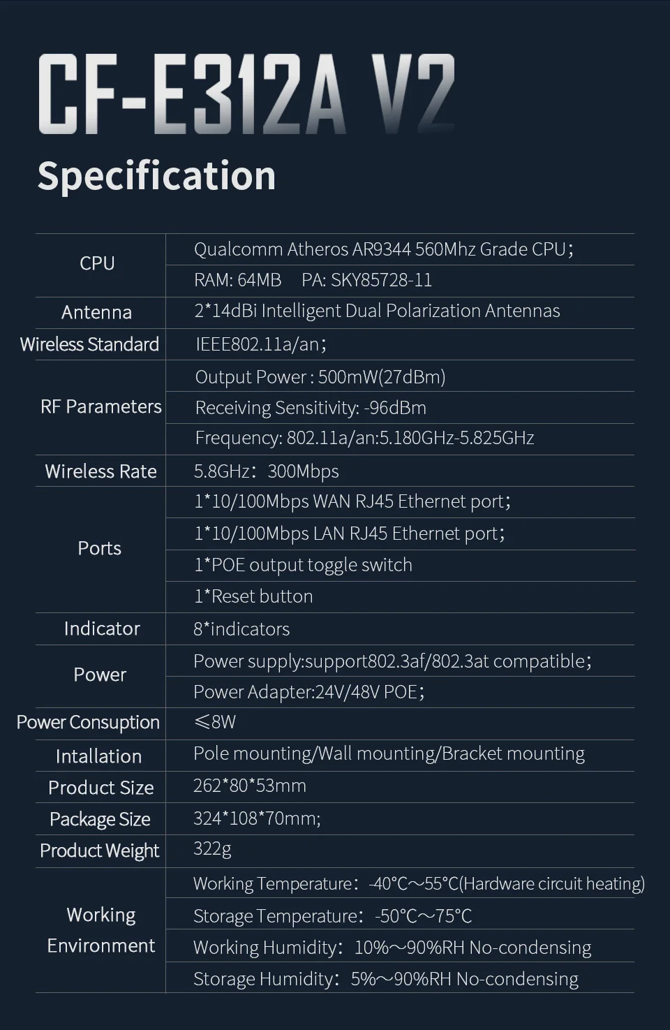 Comfast 300 Мбит/с 5,8 ГГц Высокая мощность Открытый CPE 5-10 км Wifi направленная антенна 2* 14dbi Wi-Fi точка доступа Wifi базовая станция Route