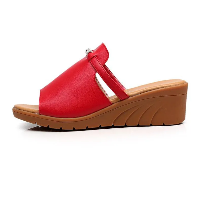 Qiannml Med Heels Women's Wedges Slides Summer Split Leather Shoes 2021 Rhinestone Platform Slippers Woman Plus Size Shoe | Обувь