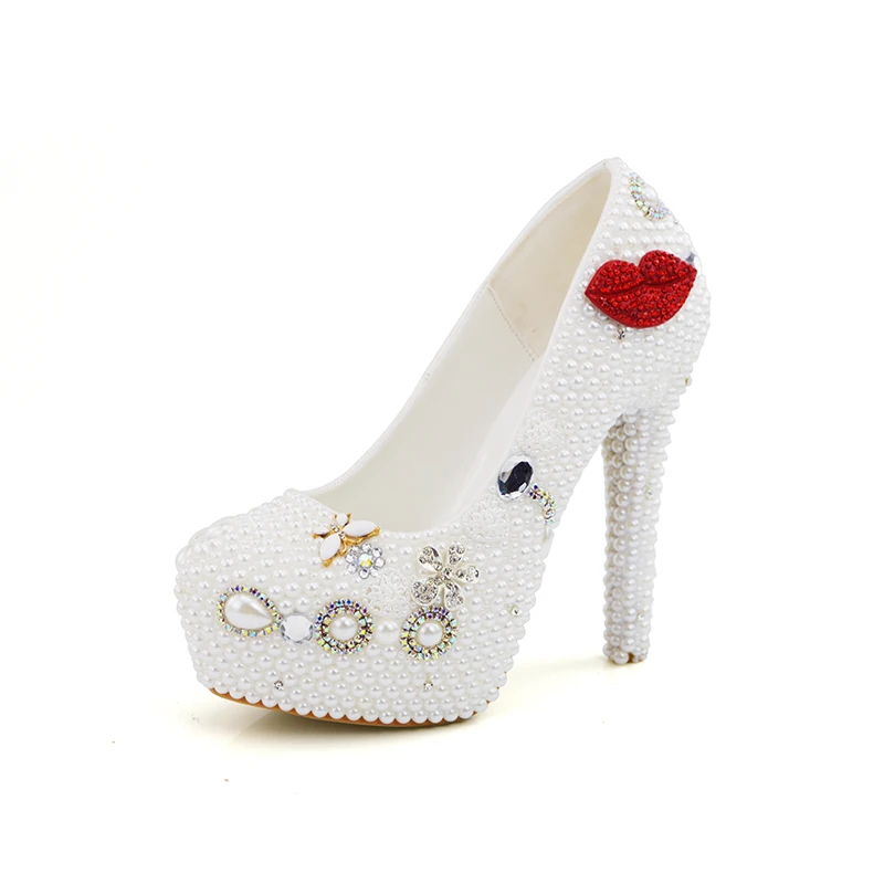 Женские туфли на высоком каблуке белый жемчуг с красными губками Свадебная обувь