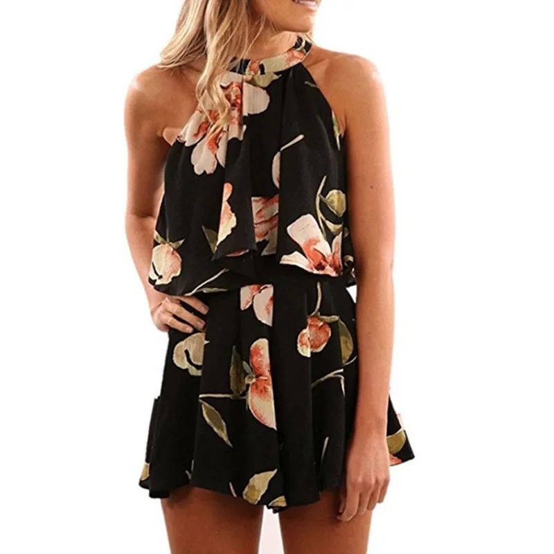 2019 летний модный женский комбинезон без рукавов с цветочным рисунком шифоновые