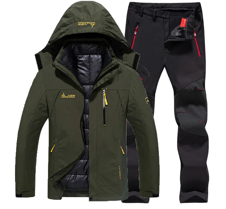 Army Green Black set 6XL костюм размера плюс для походов, Походов, Кемпинга, катания на лыжах, альпинизма 3 в 1, уличные куртки, набор для мужчин, зимние водонепроницаемые рыболовные термо брюки - Цвет: Army Green Black set