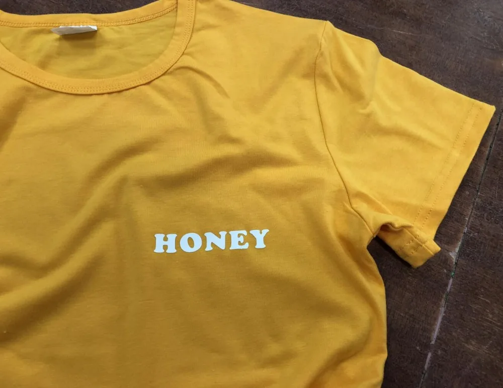 Одежда желтого цвета; Повседневная футболка с надписью «honey» в стиле Харадзюку; хлопковая летняя футболка с круглым вырезом для девочек