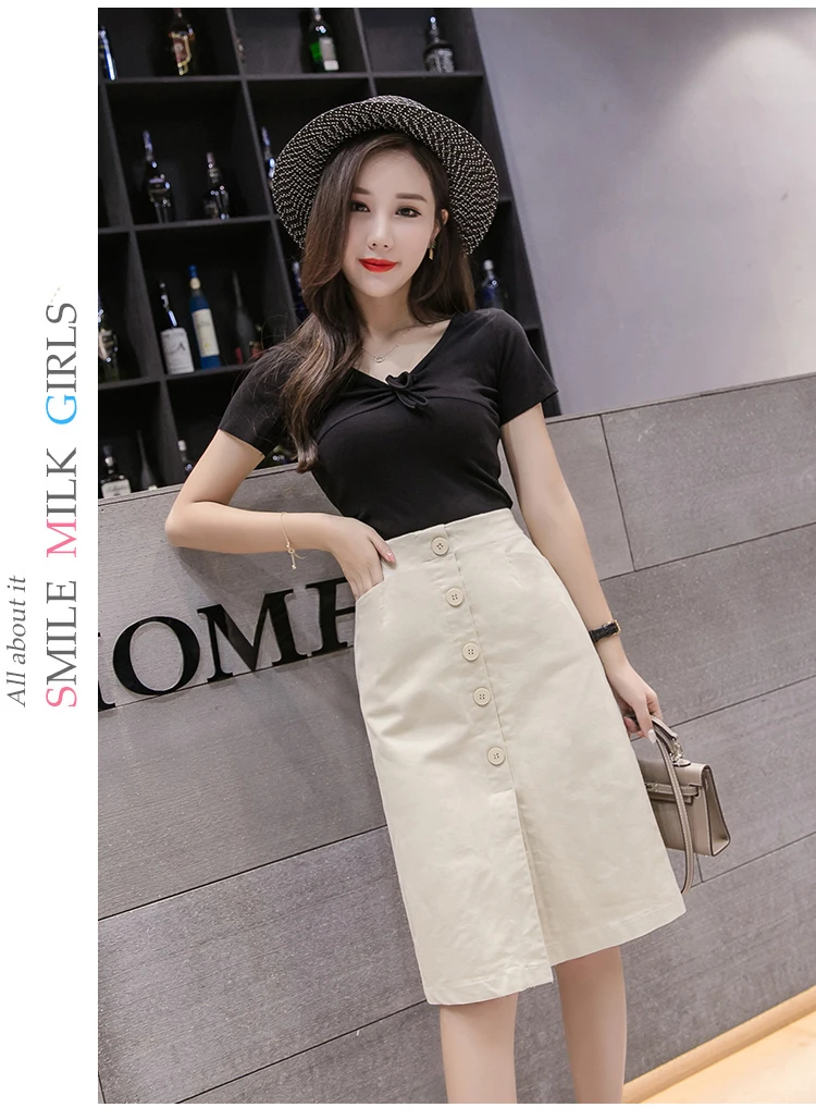 Shintimes Faldas Mujer Moda летняя юбка-карандаш длиной до колена, Женская винтажная школьная юбка на пуговицах с высокой талией черного и белого цвета