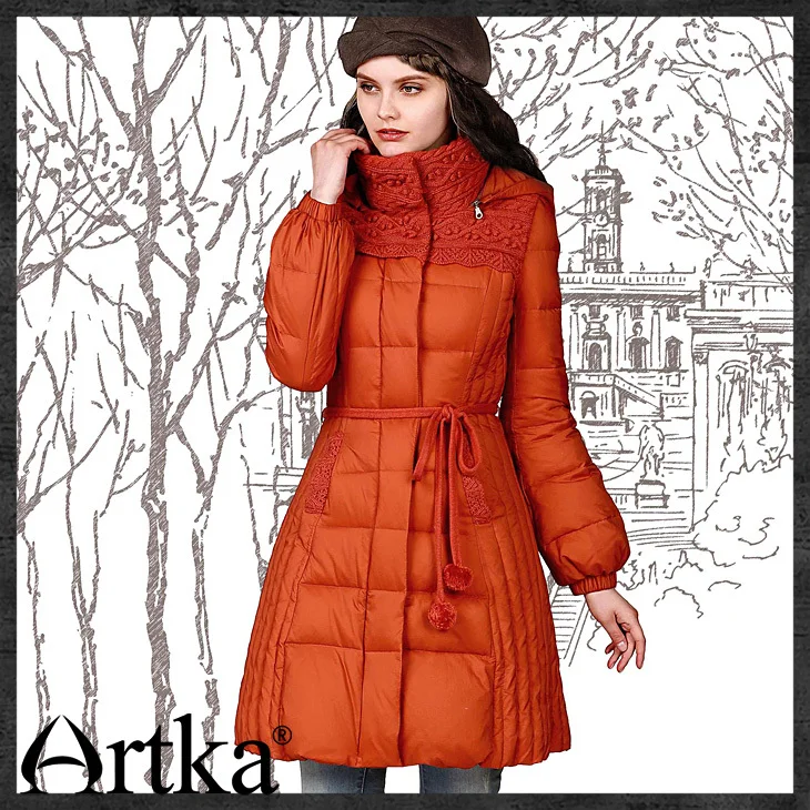 Artka женский ретро новый зимний высоким воротником со шляпой 90%-Белый утиный пух