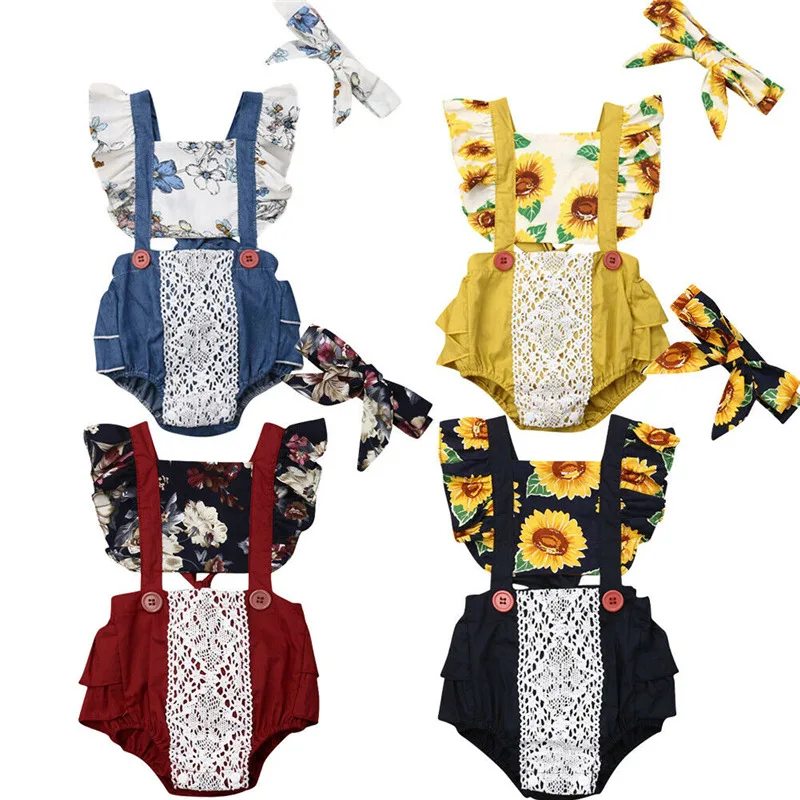 Модное боди PUDCOCO для маленьких девочек с цветочным кружевом и подсолнухом