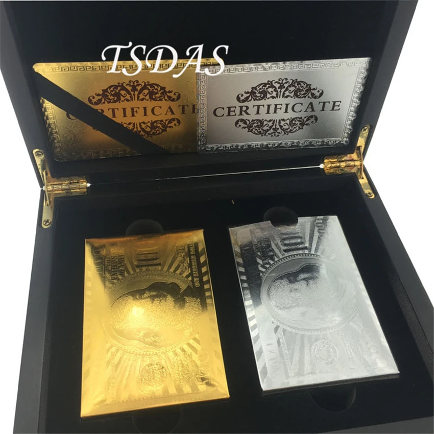 Novelty Gift 2 Deck 24k Gold Poker Card With Wooden Box USD 100 Playing Cards For Party Games | Дом и сад