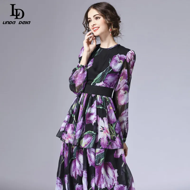 Женское длинное платье-тюльпан LD LINDA DELLA, подиумное винтажное многоярусное платье макси с длинным рукавом, с цветочным принтом, весна